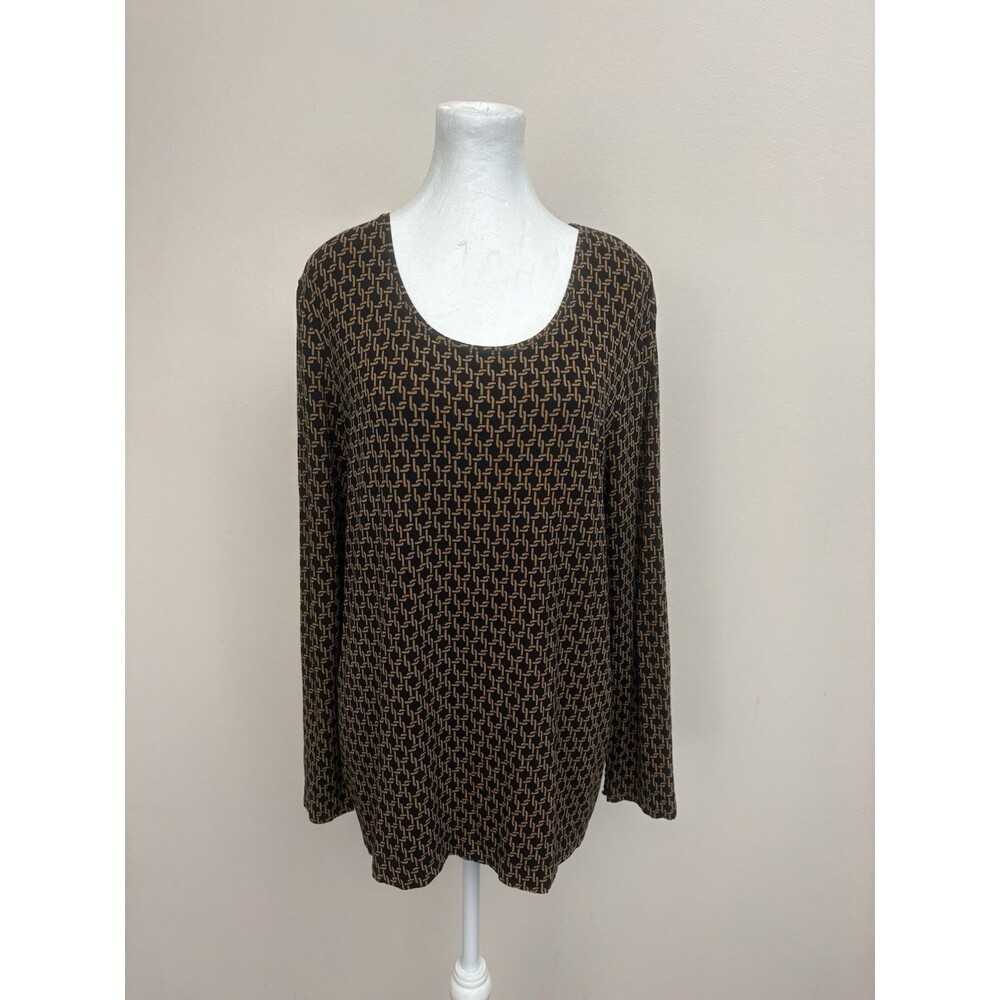 Chico's Black Camel Geo Status Knit Top Blouse Long Sleeve Women's Size 2 (L)